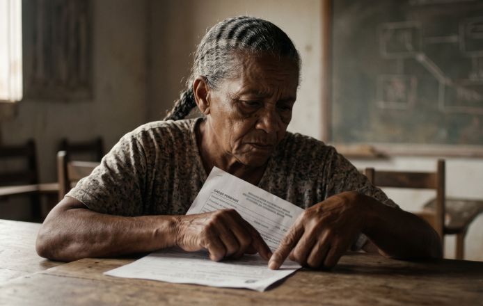 Pessoa idosa tentando ler um documento, em imagem sobre analfabetismo na Bahia