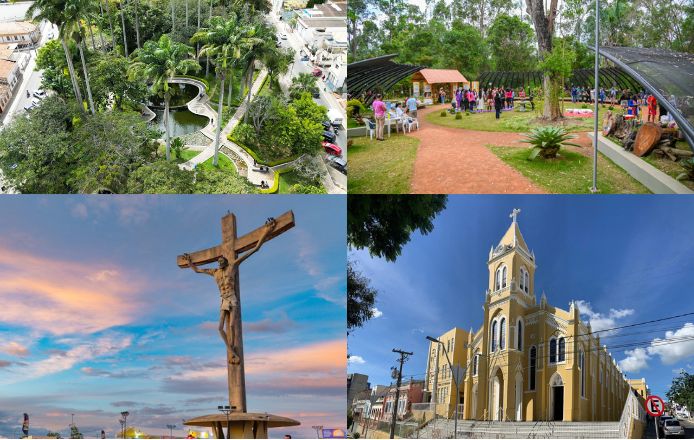Imagem de quatro pontos turísticos de Vitória da Conquista em uma imagem durante o City Tour gratuito em Vitória da Conquista durante o Festival de Inverno Bahia