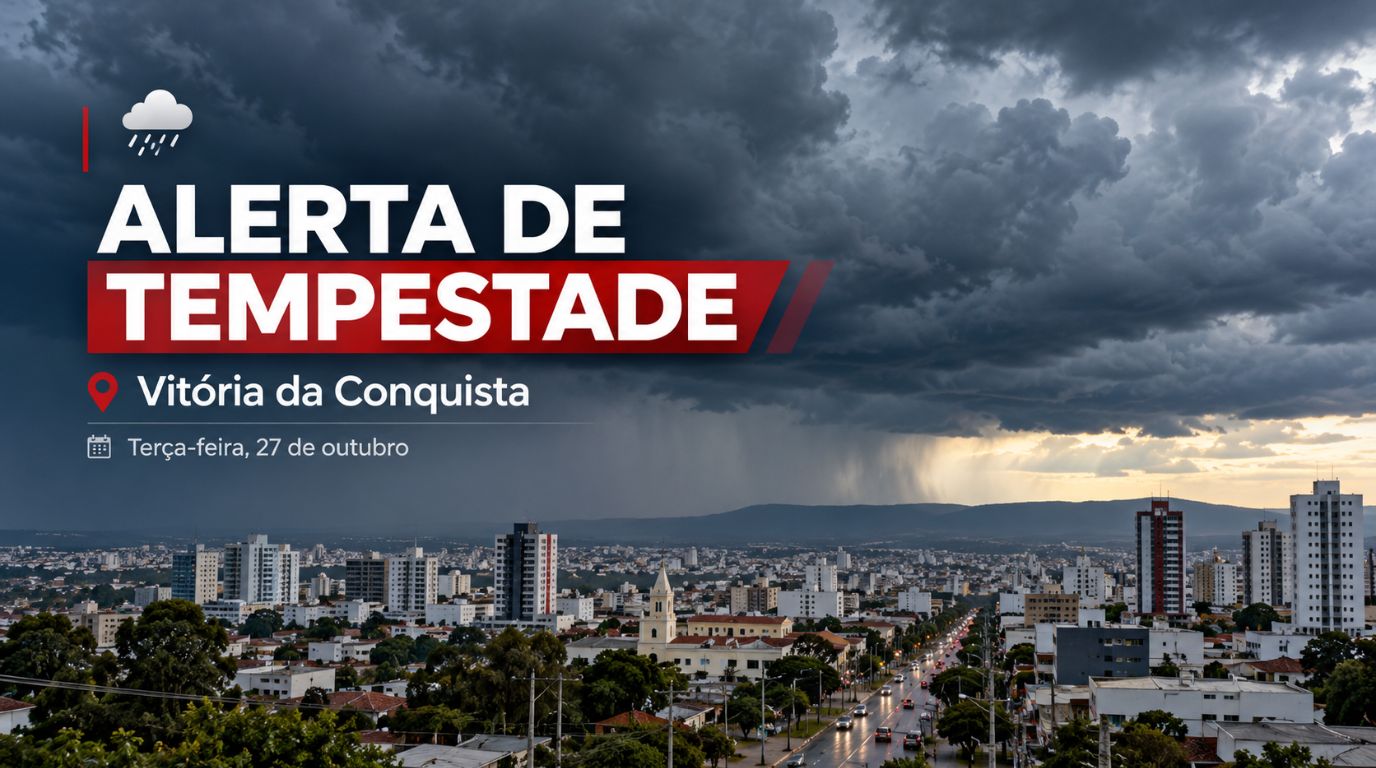 Banner editorial sobre alerta de tempestade em Vitória da Conquista.
