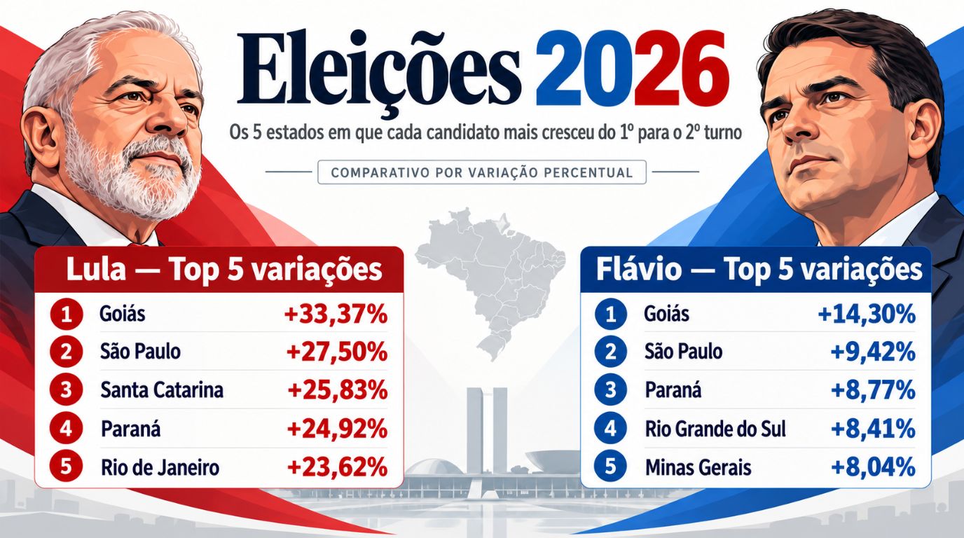 Eleições 2026 por estado. comparativo e variação percentual no segundo turno.