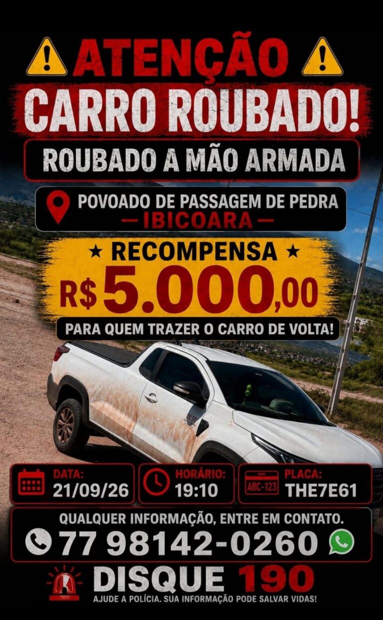 Veículo roubado em Ibicoara. Proprietário pede ajuda e recompensa quem localizar.